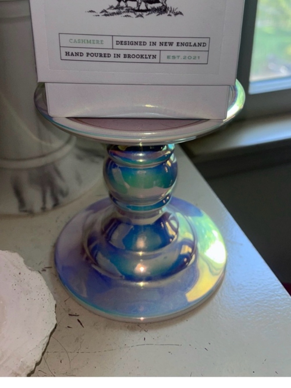 Iridescent Blue Glass Pedestal Candle Holder -